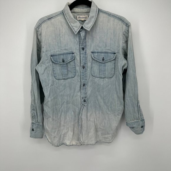 Madewell Blue Denim Chambray 100% Cotton Button Front Long Sleeve Top Sz M - Picture 1 of 4